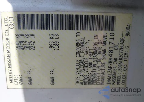 2011 Nissan Altima 2.5 S z USA, uszkodzony, nr VIN 1N4AL2AP2BN481710